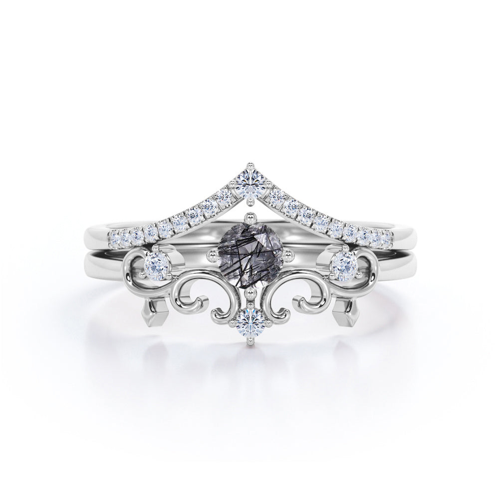 Non Traditional Solitaire 0.75 Carat Round Cut Black Rutilated Quartz and Diamond Filigree Bridal Set Rings