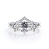 Non Traditional Solitaire 0.75 Carat Round Cut Black Rutilated Quartz and Diamond Filigree Bridal Set Rings