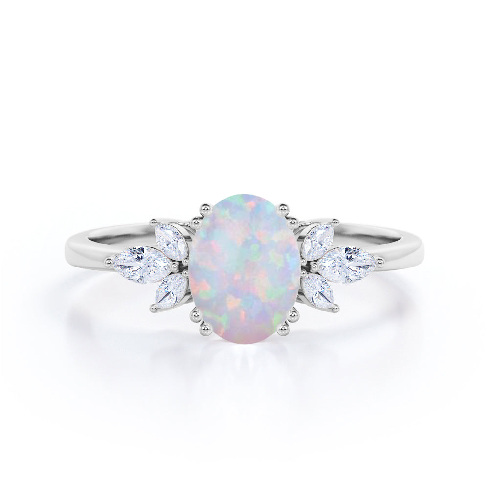 Leaf Design Eight Prongs 1.40 Carat Oval Cut Precious Fire Opal And Cubic Seven Stone Engagement Ring In Black Gold