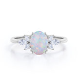 Leaf Design Eight Prongs 1.40 Carat Oval Cut Precious Fire Opal And Cubic Seven Stone Engagement Ring In Black Gold