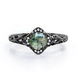 Modern Art Deco 1.10 Carat Round Cut Green Moss Agate And Diamond Cushion Framed Halo Engagement Ring In White Gold