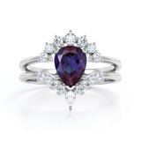 Tiara Design 1.40 Carat Pear Cut Lab Created  Alexandrite And Diamond Three Prong Unique Wedding Ring Set In White Gold