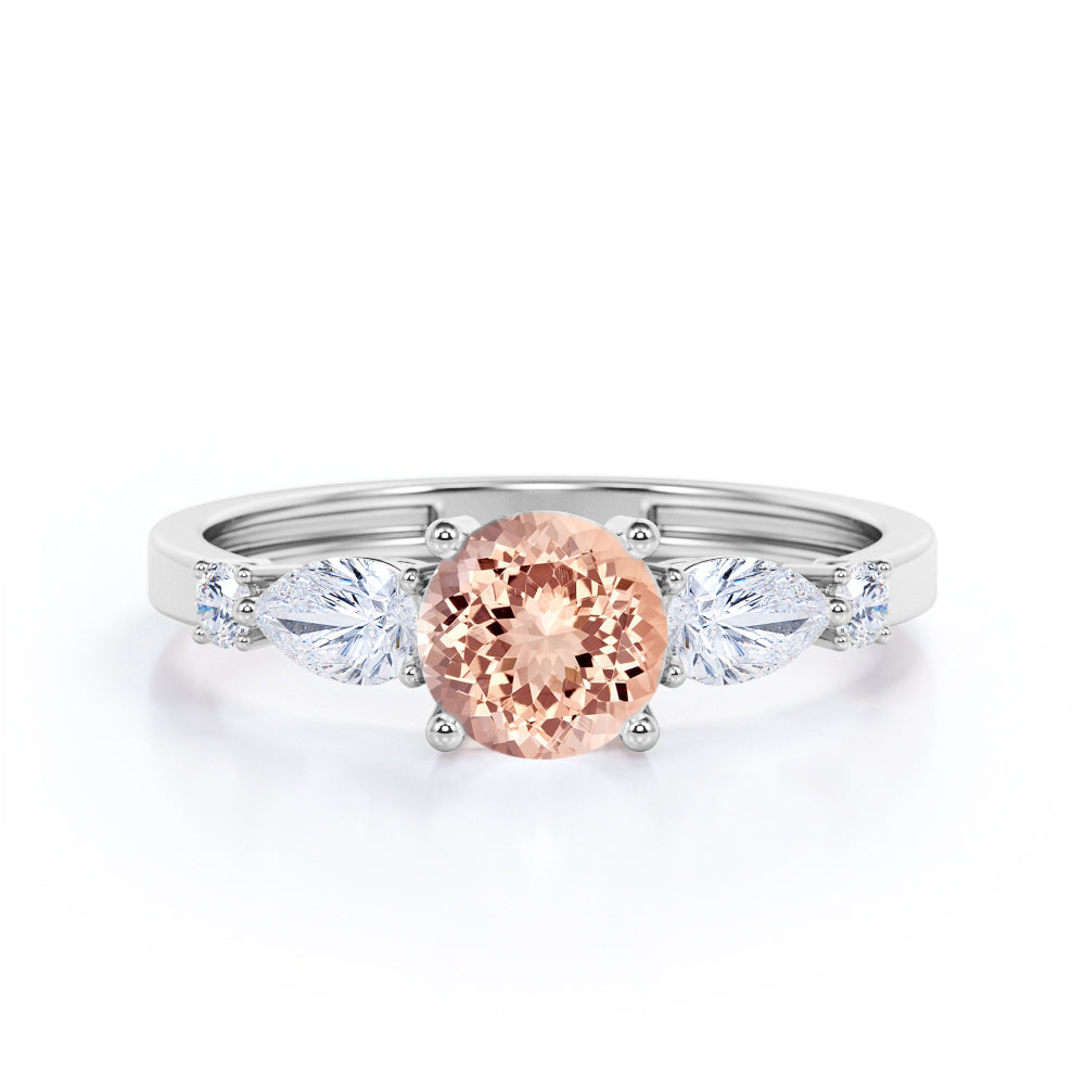 Captivated Five Stone 1 carat Round Morganite and Moissanite Engagement Ring is Rose Gold- Special Gift