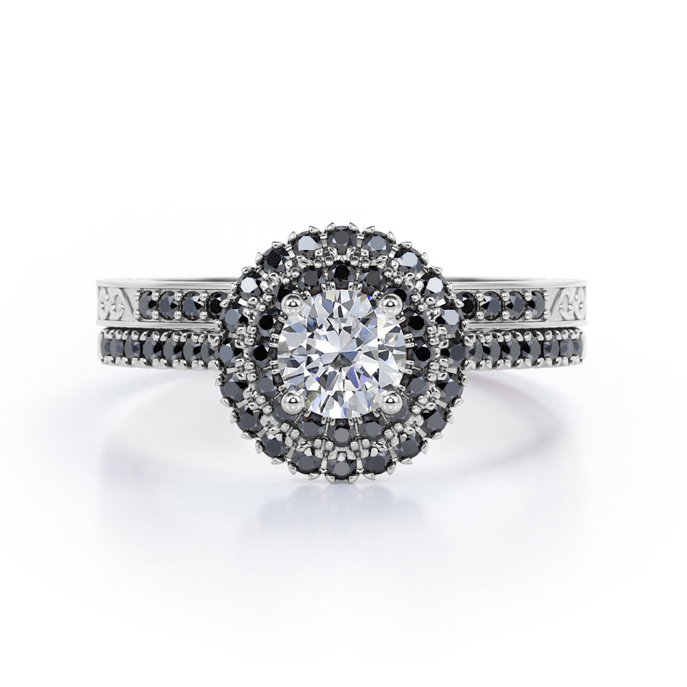 Double Halo Pave 1.75 TCW Round Moissanite with Lab Created Black Diamond Filigree Wedding Ring Set in Rose Gold