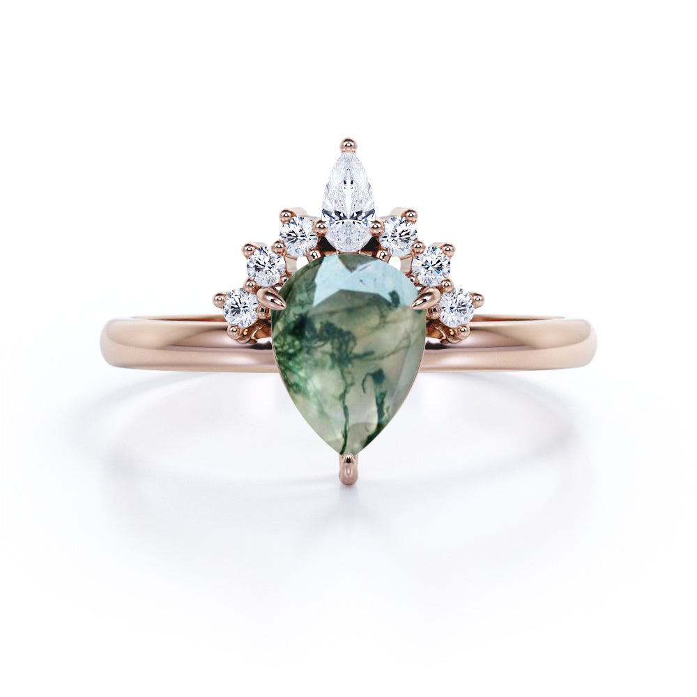 0.6 Carat Pear Moss Agate Crown Engagement Ring