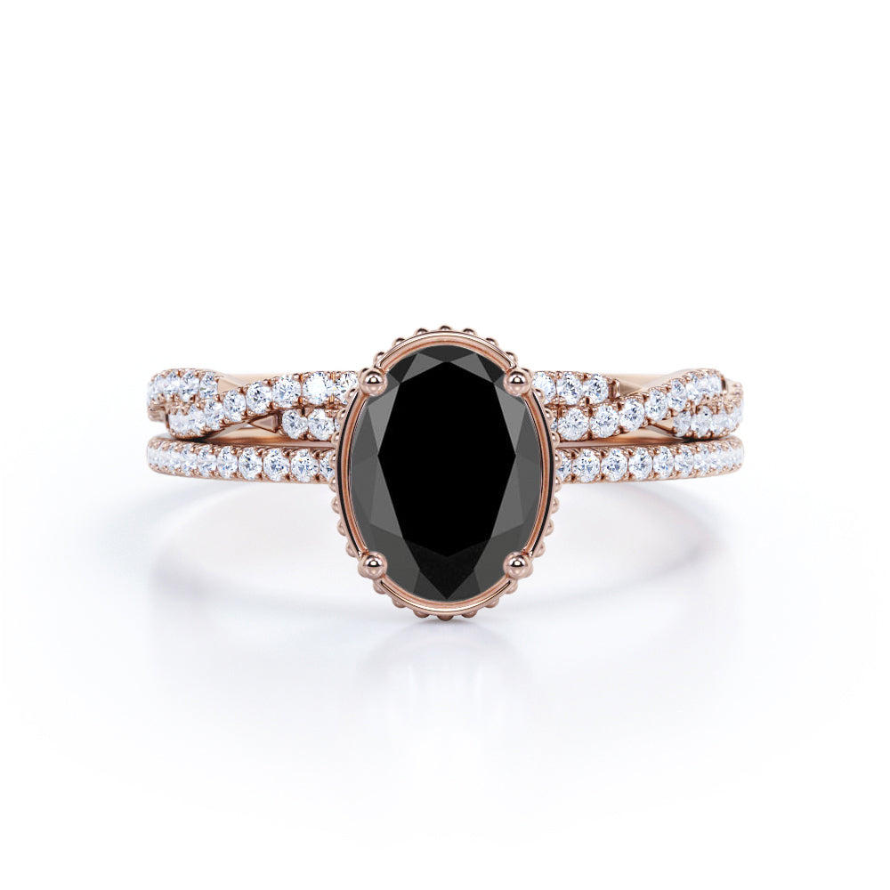 1.50 carat oval cut Black Diamond infinity bridal set in white gold