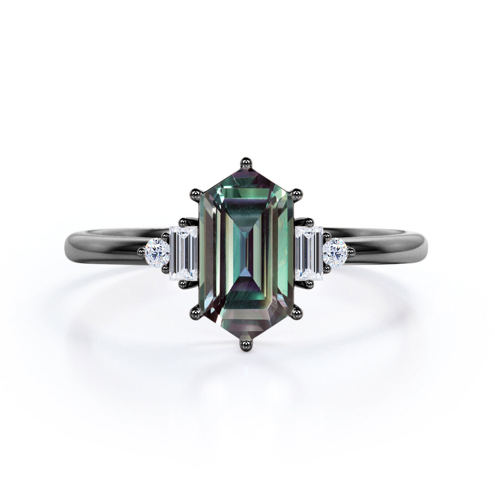 Minimalist Six Prong Basket Set 1.15 Carat Hexagon Shaped Lab Created Alexandrite And Diamond Five Stone Engagement Ring In White Gold
