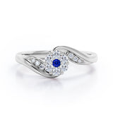 Floral Cloud Clustered 0.55 carat Round Blue Sapphire and Moissanite Distorted Engagement Ring in White Gold