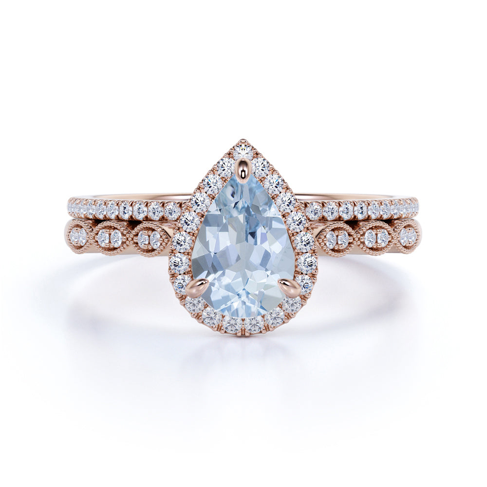Antique Vintage 1.50 Carat Pear cut Art Deco Halo Engagement Ring with Aquamarine and Diamond for Her in White Gold