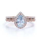 Antique Vintage 1.50 Carat Pear cut Art Deco Halo Engagement Ring with Aquamarine and Diamond for Her in White Gold