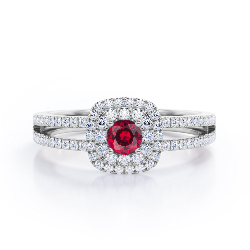 Double Halo 1.55 Carat Round Cut Lab-Created Ruby And Diamond Split Shank Engagement Ring In Rose Gold