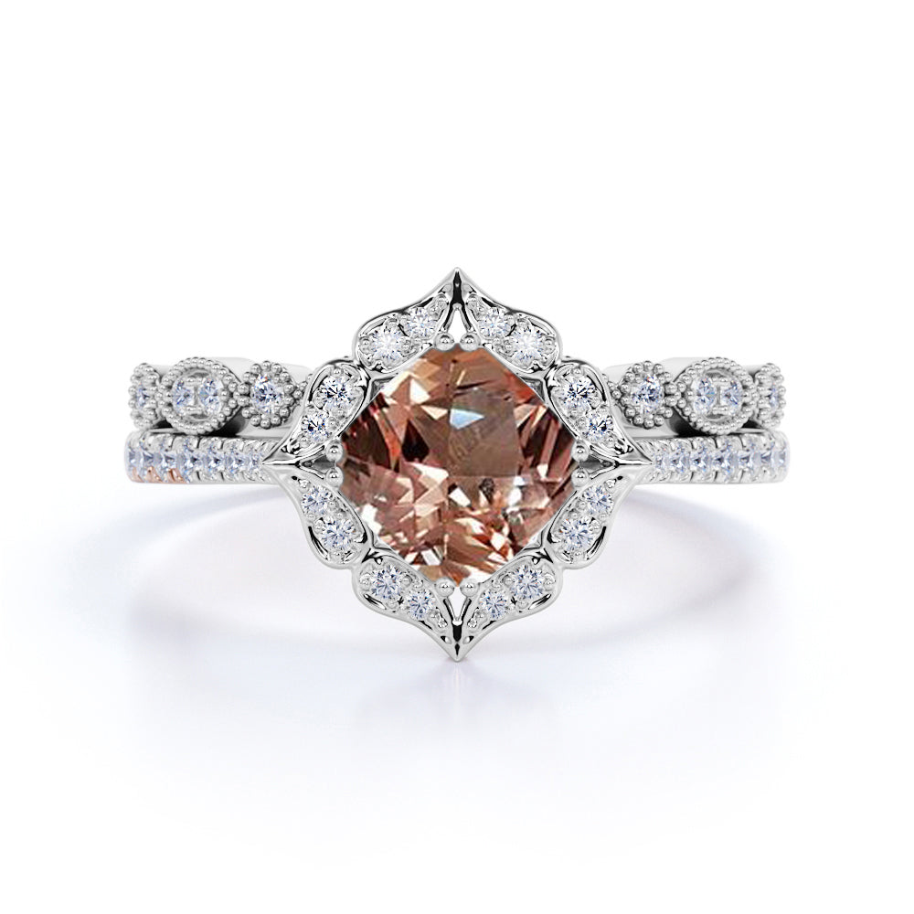 1.5 Carat Cushion Cut Halo Morganite and Diamond Bridal Ring Set in 10k Rose Gold for Women