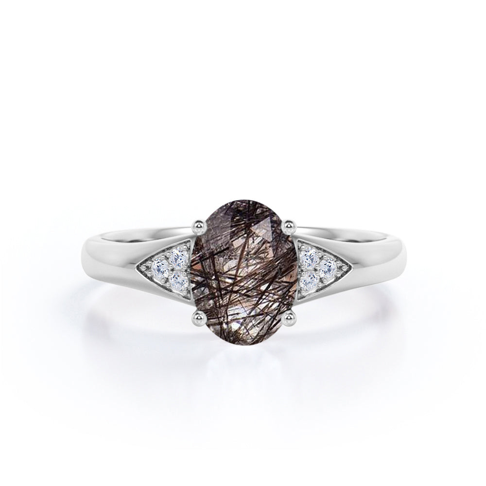 Tapered Prong Setting 1.15 Carat Oval Cut Druzy Black Rutilated Quartz and Diamond 7 Stone Classic Engagement Ring