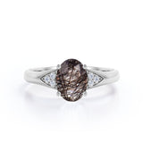 Tapered Prong Setting 1.15 Carat Oval Cut Druzy Black Rutilated Quartz and Diamond 7 Stone Classic Engagement Ring