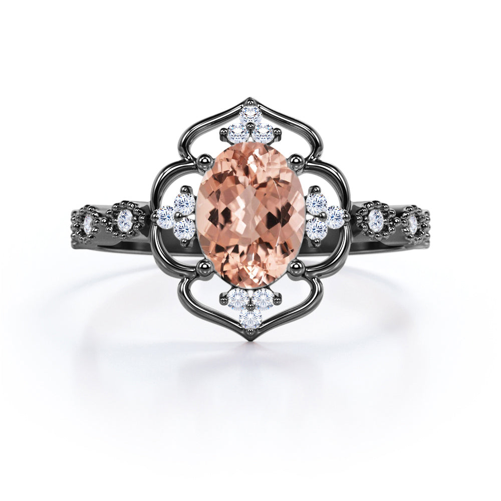 Colossal Flower 0.65 carat Oval Morganite and Moissanite Decorative Halo Engagement Ring in White Gold