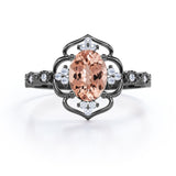 Colossal Flower 0.65 carat Oval Morganite and Moissanite Decorative Halo Engagement Ring in White Gold