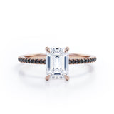 Four Prong - 1.25 TCW Emerald Cut Moissanite with Lab Created Black Diamond - Engagement Ring with Pave Accents in White Gold