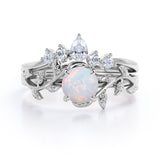 Nature Inspired 1.20 Carat Round Cut White Fire Opal And Diamond Leaf Vine Art Wedding Ring Set In White Gold For Her