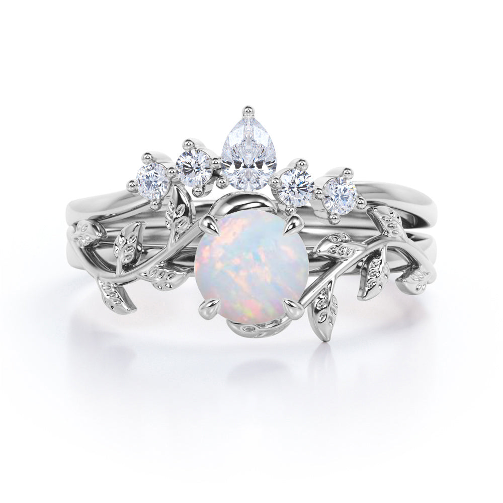 Nature Inspired 1.20 Carat Round Cut White Fire Opal And Diamond Leaf Vine Art Wedding Ring Set In White Gold For Her
