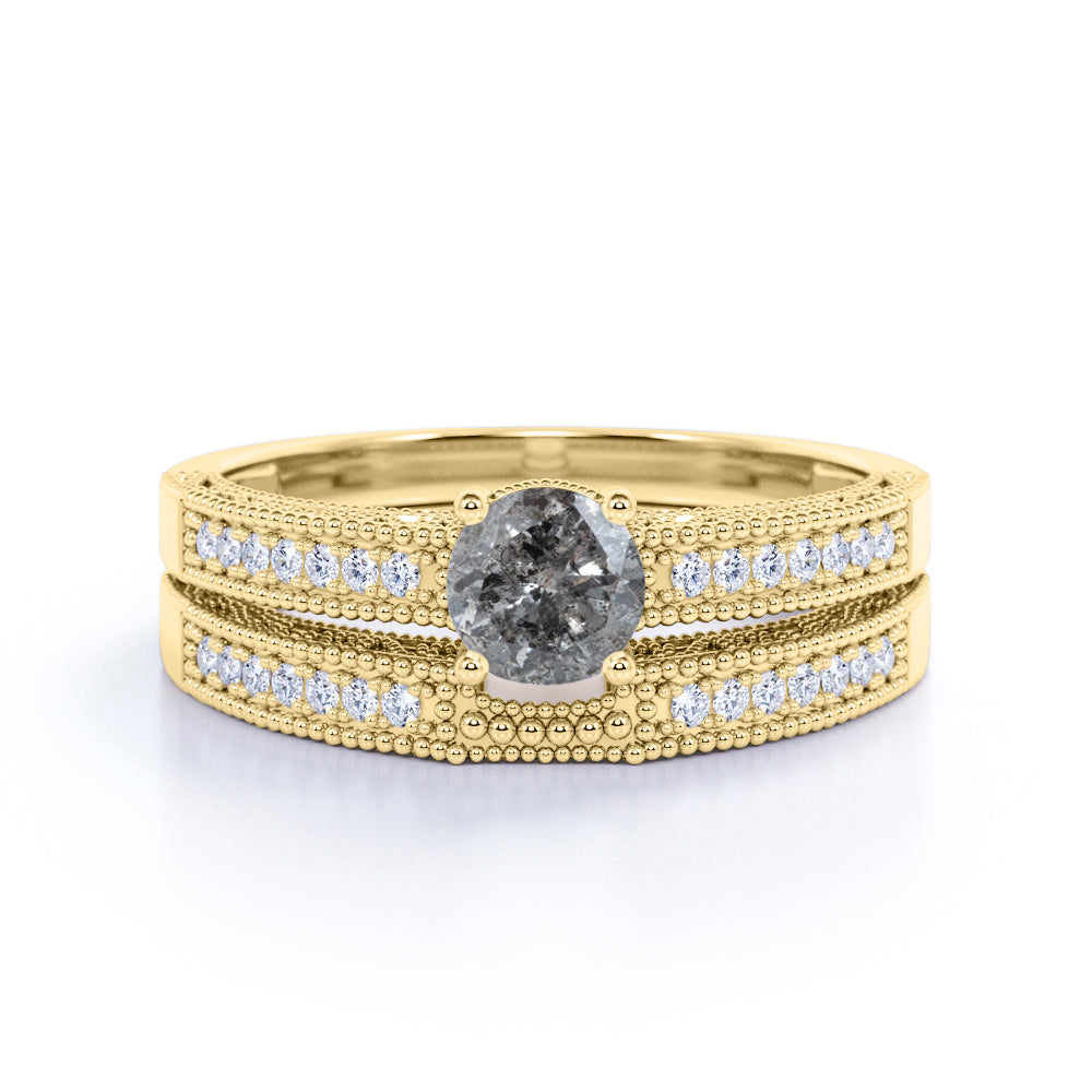 0.85 Ct Round Salt and Pepper Diamond Vintage Wedding Ring Set