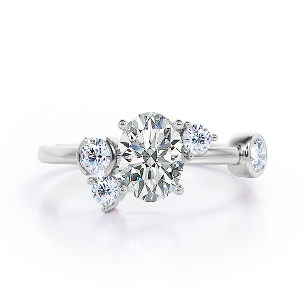 Unique 1 carat Oval Five Stone Ring With Petite Moissanite and Diamond in Rose Gold