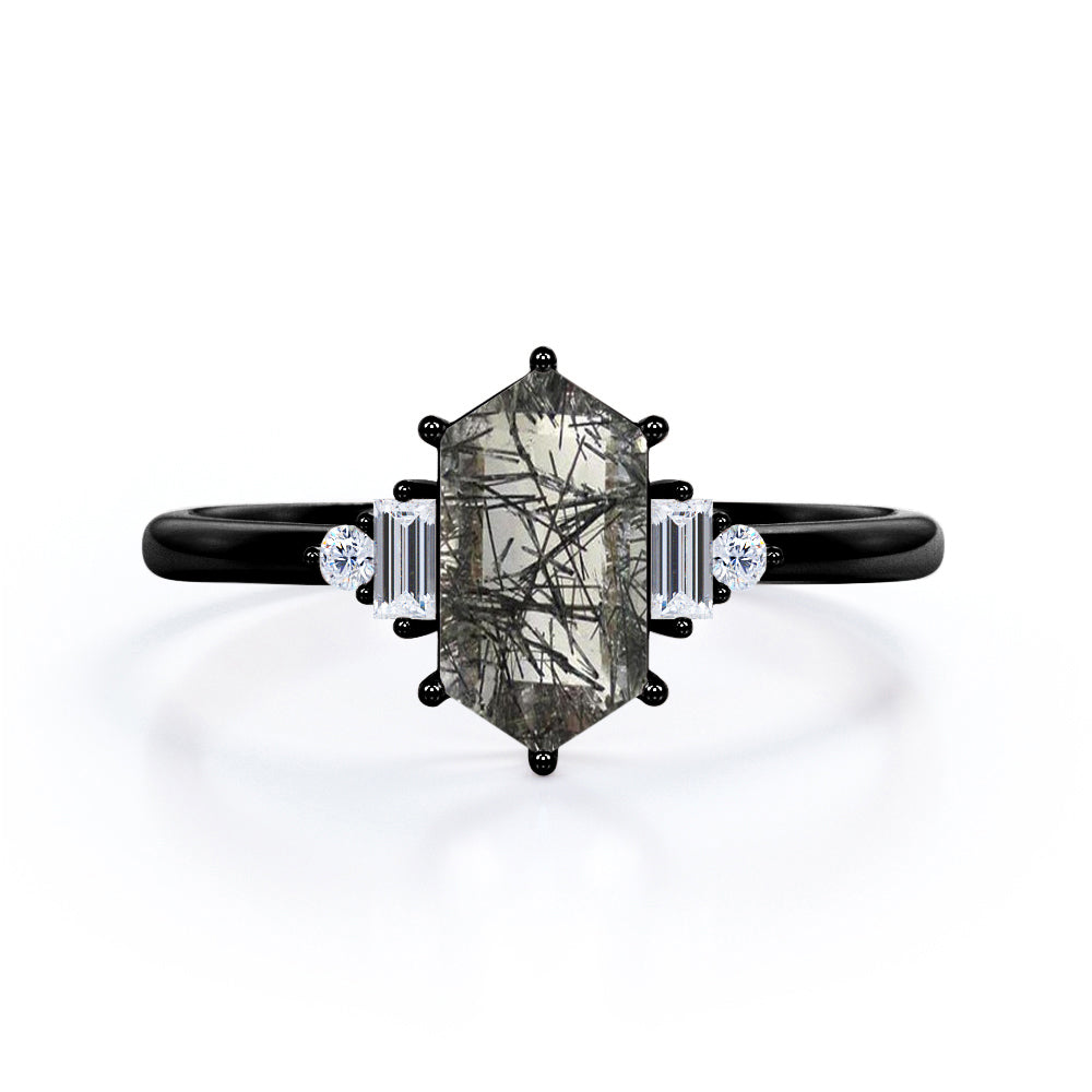 1.15 ct Hexagon Black Rutilated Quartz Five Stone Engagement Ring