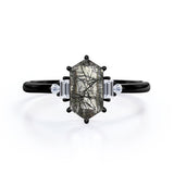 1.15 ct Hexagon Black Rutilated Quartz Five Stone Engagement Ring