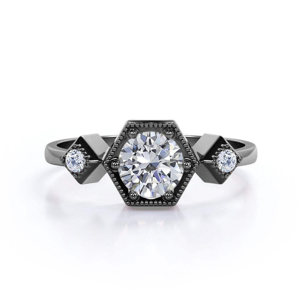 Modern Hexagon Based 0.55 carat Round Moissanite and Diamond Engagement Ring in White Gold