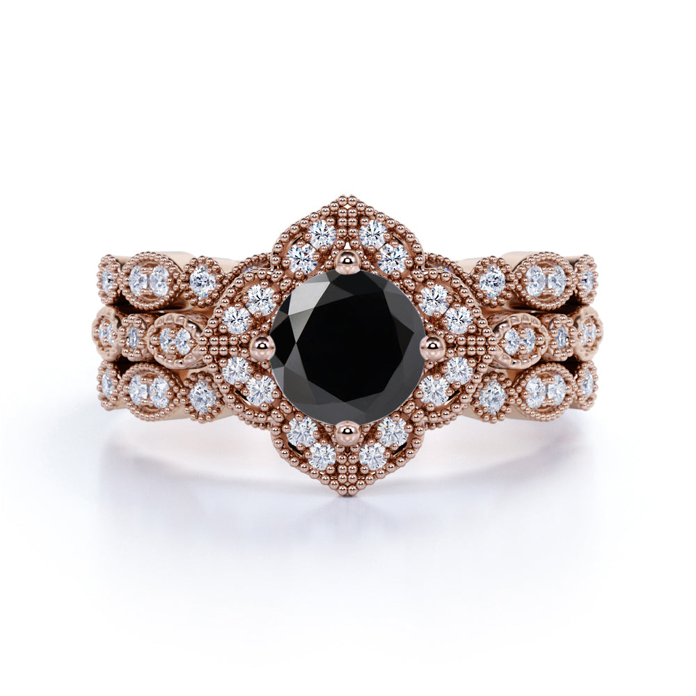 Unique antique 2 Carat Lab Black Diamond Trio Wedding Ring Set for Women in White Gold