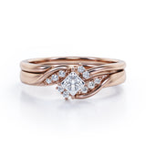 Petite Pave-Channel - 0.35 TCW Rhombus Princess Cut Diamond - Prong Tensioned Wedding Set - 10K White Gold