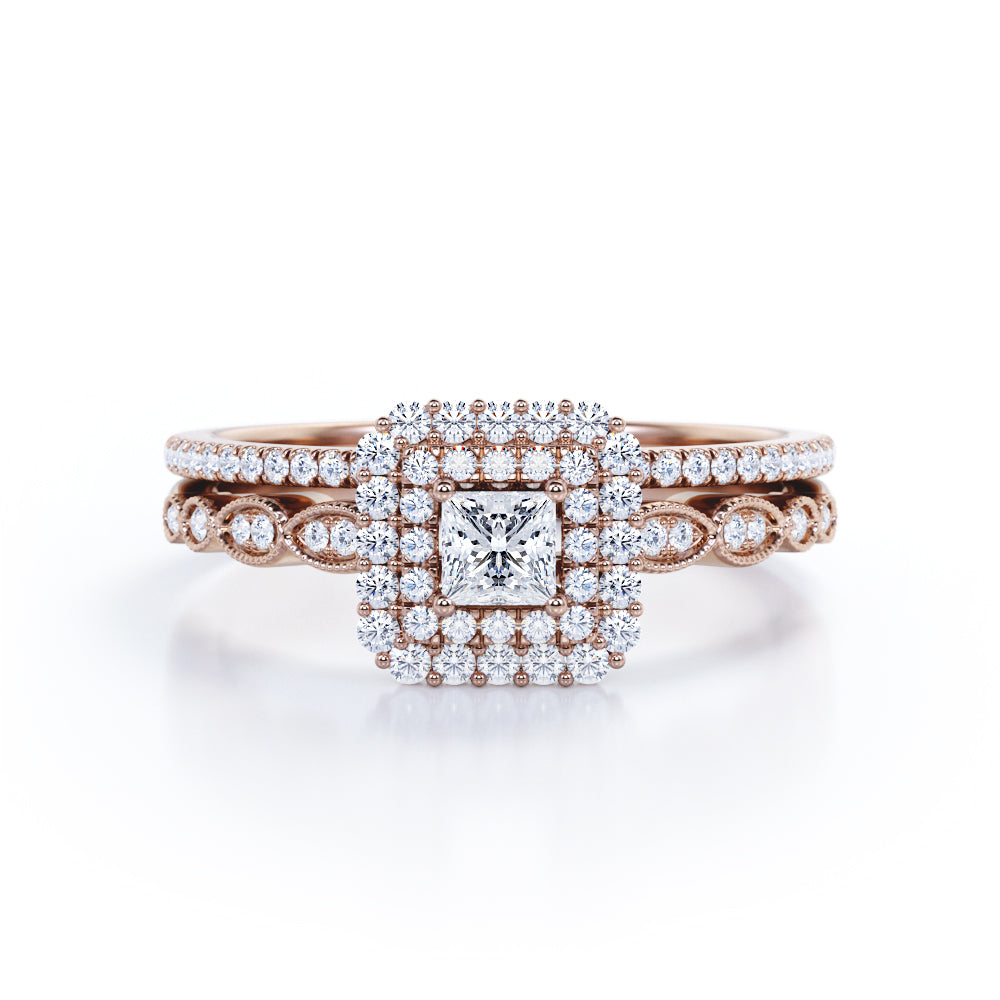 1.05 Carat Princess Cut Diamond Double Halo Wedding Ring Set In White Gold