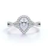 Infinity Style 1.50 Carat Teardrop Shape Moissanite and Diamond Halo Engagement Ring in White Gold