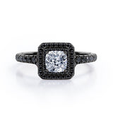 Double Halo Design - 1.45 TCW Princess Cut Moissanite with Lab Created Black Diamond - Engagement Ring with Pave Accents in Black Gold