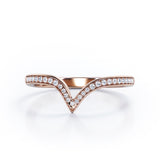 Pave Channel - 0.15 TCW Round Cut Diamond - V Shape Wedding Band in White Gold