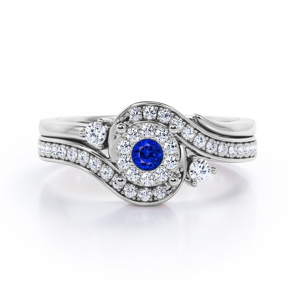 Pave-Prong Design 0.55 TCW Round Shape Blue Sapphire and Moissanite Bridal Ring Set in Rose Gold