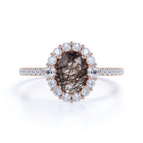 1.50 ct Oval Black Rutilated Quartz Cluster Pave Engagement Ring