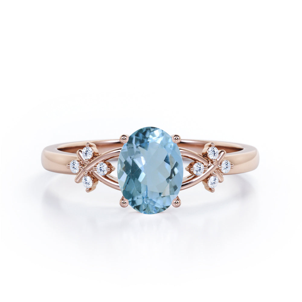 Luxurious Clover Lucky Leaf 0.5 carat Oval Aquamarine and Diamond Engagement Ring in White Gold