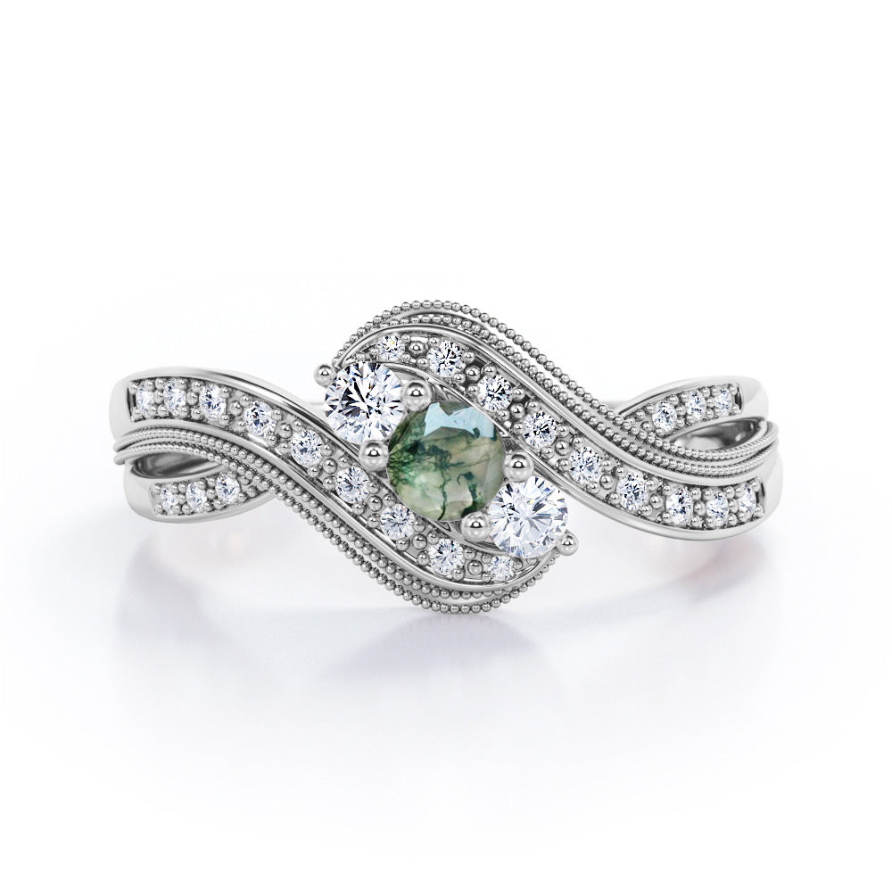 Double Milgrain Curve Infinity 0.7 carat Round Green Moss Agate and Moissanites Engagement Ring in Black Gold