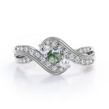Double Milgrain Curve Infinity 0.7 carat Round Green Moss Agate and Moissanites Engagement Ring in Black Gold