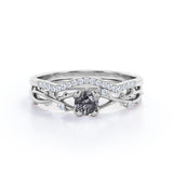 Twig Crossover 0.75 Carat Round Cut Dendritic Rutilated Quartz and Diamond Pave Bridal Set Rings