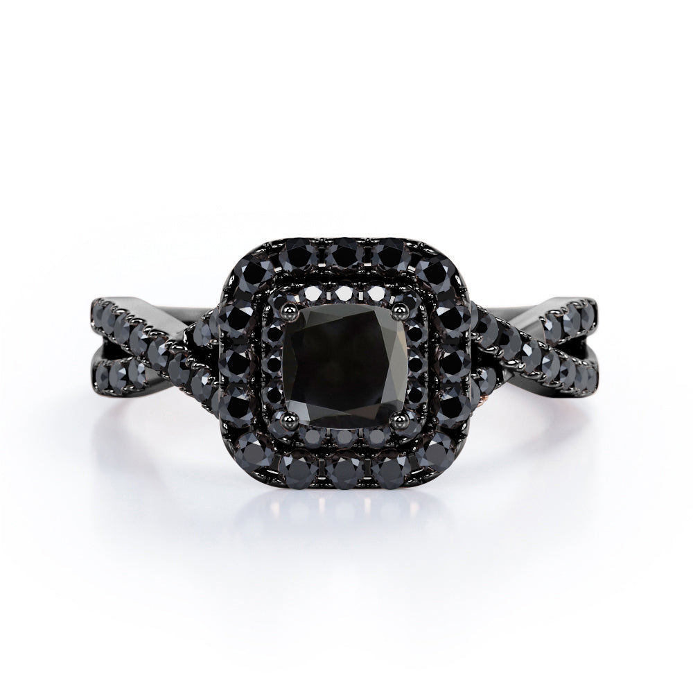 Rounded Square Double Halo -  1.55 TCW Princess Cut Lab Created Black Diamond - Infinity Pave Engagement Ring in White Gold