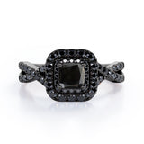 Rounded Square Double Halo -  1.55 TCW Princess Cut Lab Created Black Diamond - Infinity Pave Engagement Ring in White Gold
