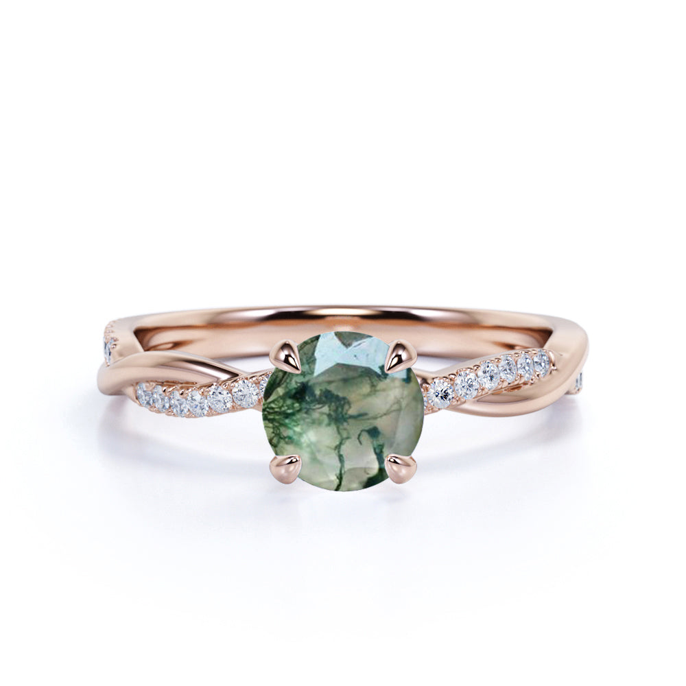 Modern Solitaire 1.75 Carat Round Cut Natural Druzy Moss Green Agate and Diamond Twist Infinity Engagement Ring in White Gold for Women