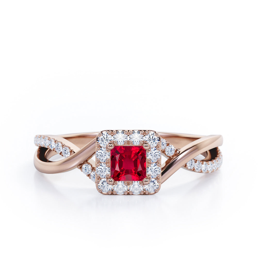 1.25 ct Princess Lab-Created Ruby Pave Halo Engagement Ring