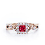 1.25 ct Princess Lab-Created Ruby Pave Halo Engagement Ring