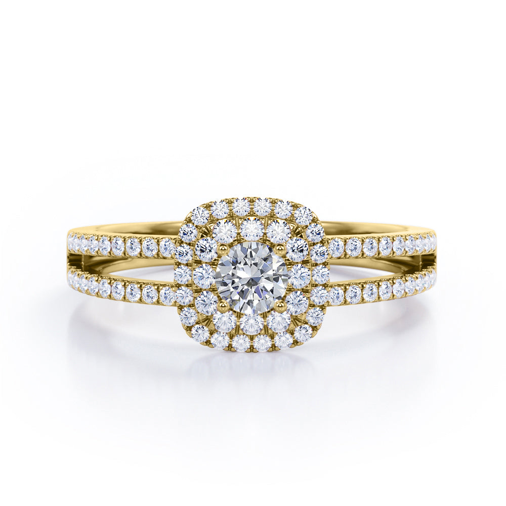 Clustered 1.55 Carat Round Cut Fiery Opal And Diamond Double Halo Split Shank Engagement Ring In White Gold