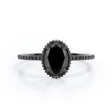 Milgrain Bezel Prong 1.5 TCW Oval Cut Lab Created Black Diamond Pave Style Engagement Ring in White Gold