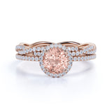 2 Carat Round cut Morganite and Diamond antique art deco Wedding Ring set in 10k Rose Gold