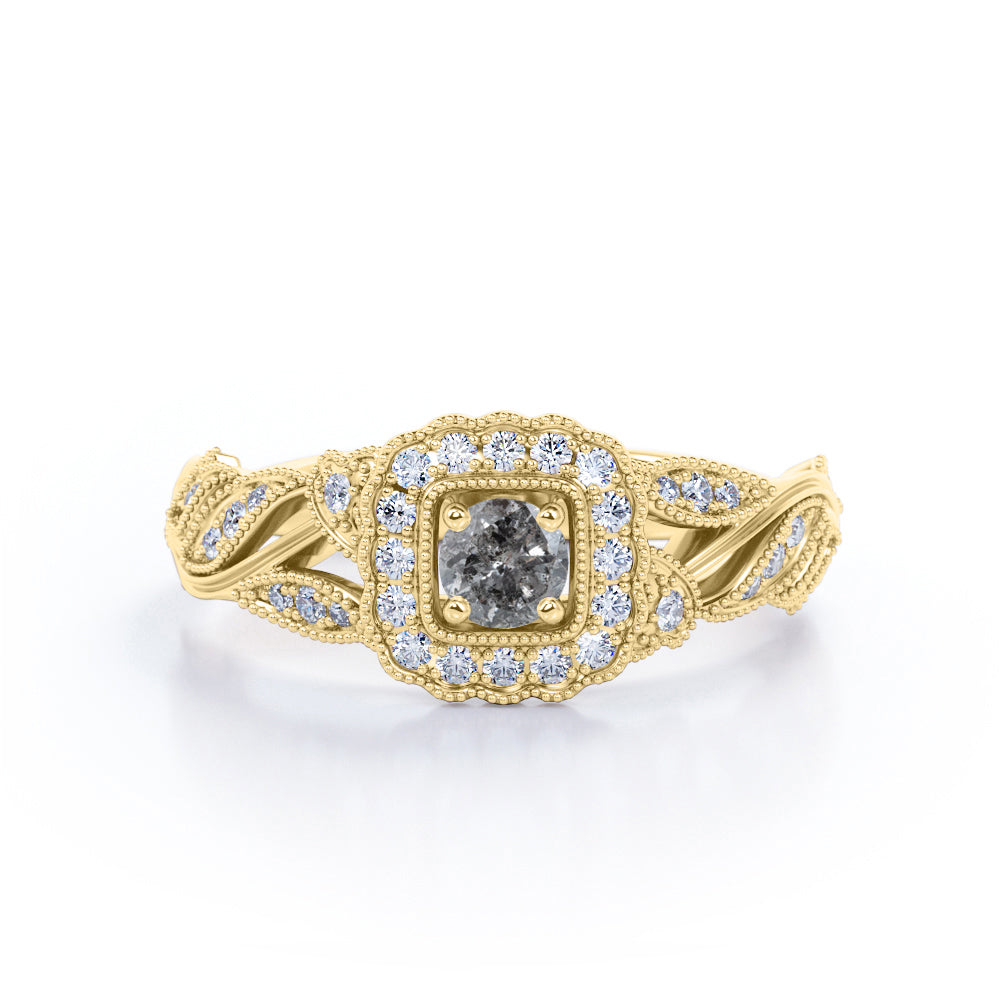 0.75 Carat Round Cut Grey Salt and Pepper Diamond Nature Inspired Engagement Ring in White Gold