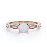 Vintage Inspired 1.25 Carat Round Cut White Fiery Opal And Diamond Four Prong Art Deco Style Engagement Ring In Rose Gold